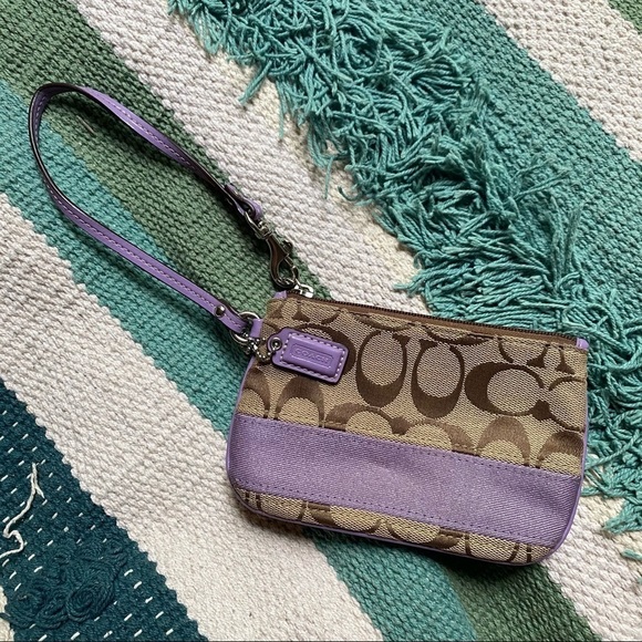 Coach Handbags - Coach Signature Stripe Small Wristlet Khaki/ Lilac